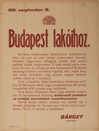 Felhívás: bútorozott szobákat az erdélyi menekültek rendelkezésére, 1916.09.18. (Bárczy)