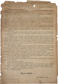 Ferenc József és Tisza István aláírásával szerb nyelvű plakát, 1914.07.28.