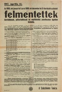 Katonai szolgálat alól felmentettek jelentkezése ügyében hirdetés, 1917.04.14. (kékes alap, fekete betű)