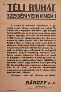 "Téli ruhát szegényeinknek!" rózsaszín alap, fekete betű, 1914.10.03.